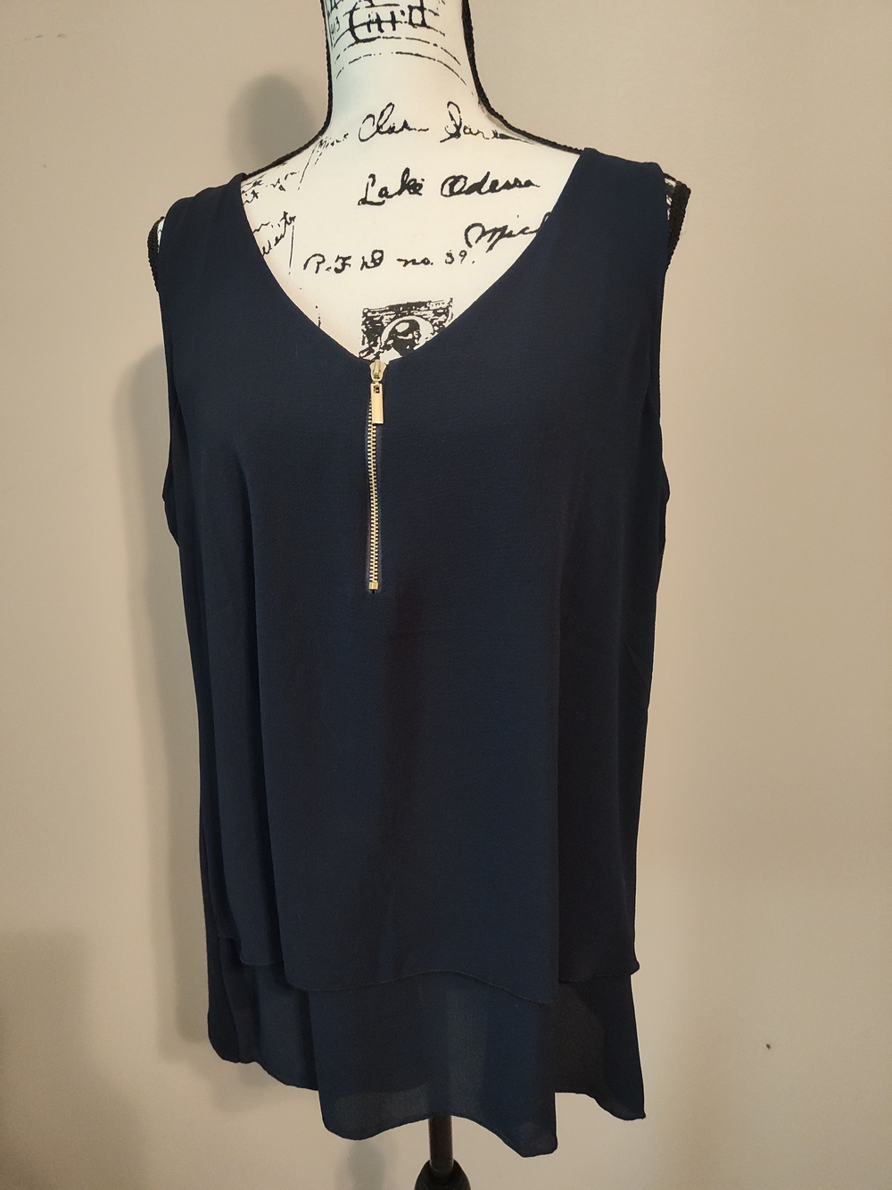 Women’s Navy Sleeveless Layered Top with Gold Zip